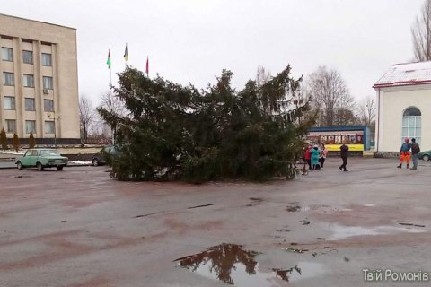  На Житомирщині новорічна ялинка під час встановлення впала разом із людиною на верхівці 